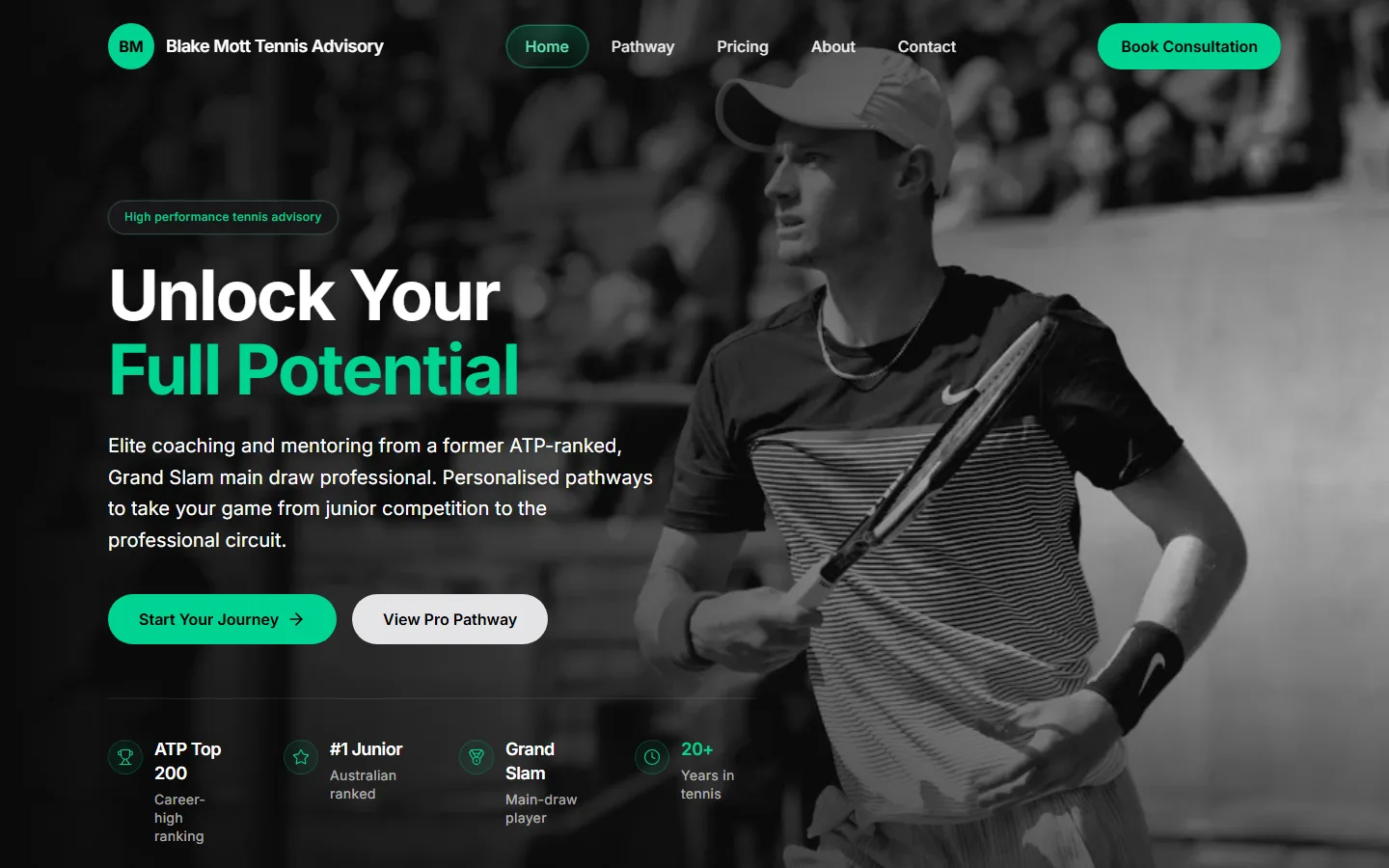 Blake Mott Tennis Advisory, next.js and stripe by Digitalis Global