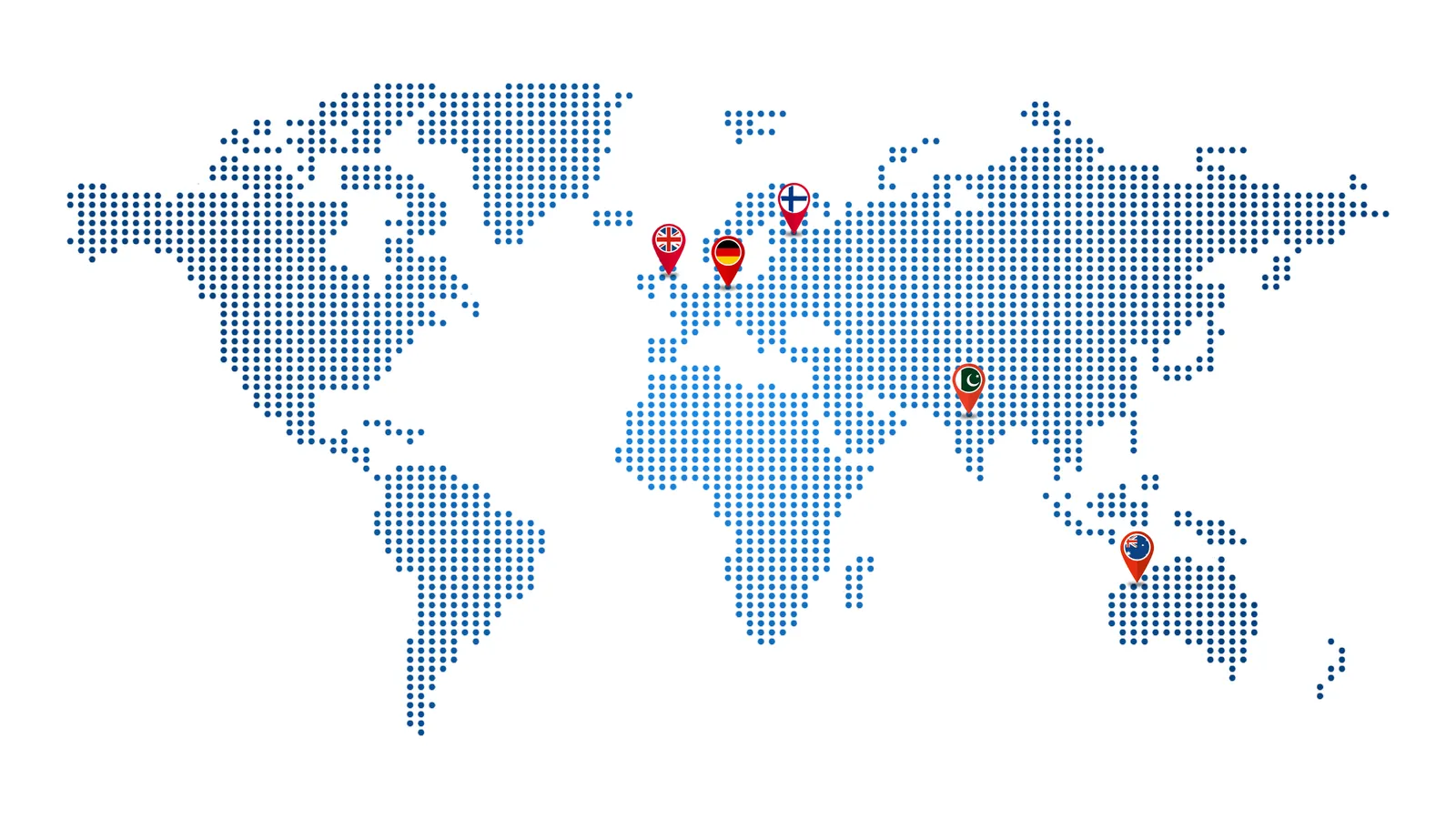 World map marking Australia, the United Kingdom, Germany, Finland and Pakistan