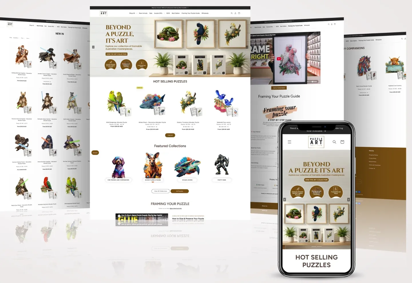 Mockup of the Puzzle Art Australia Shopify store on desktop and mobile: a home page headed Beyond a puzzle, it's art, with framed wooden puzzles, hot selling puzzles and featured collections, beside a product listing page and a framing guide.