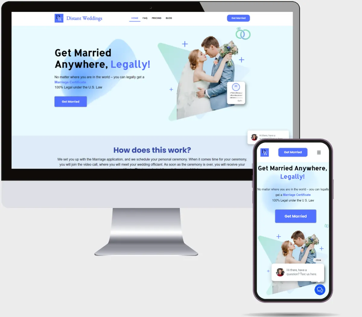 Mockup of the Distant Weddings WordPress website on a desktop screen and a phone: a home page headed Get Married Anywhere, Legally!, with a Get Married button.