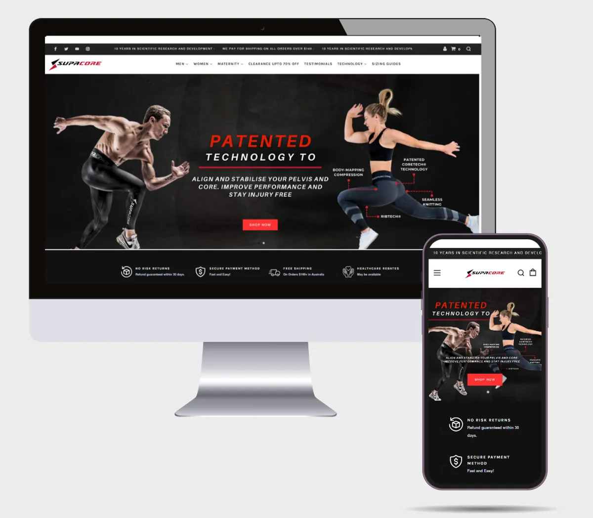 Mockup of the Supacore Shopify store on a desktop screen and a phone: a dark home page banner for patented compression technology with a Shop now button.
